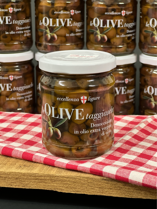 Pitted Taggiasca Olives in Extra Virgin Olive Oil - 6 glass jars of 180 gr